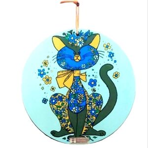 Holt Howard Green Blue Smiling Pre Loved Cat Board Distressed Vintage